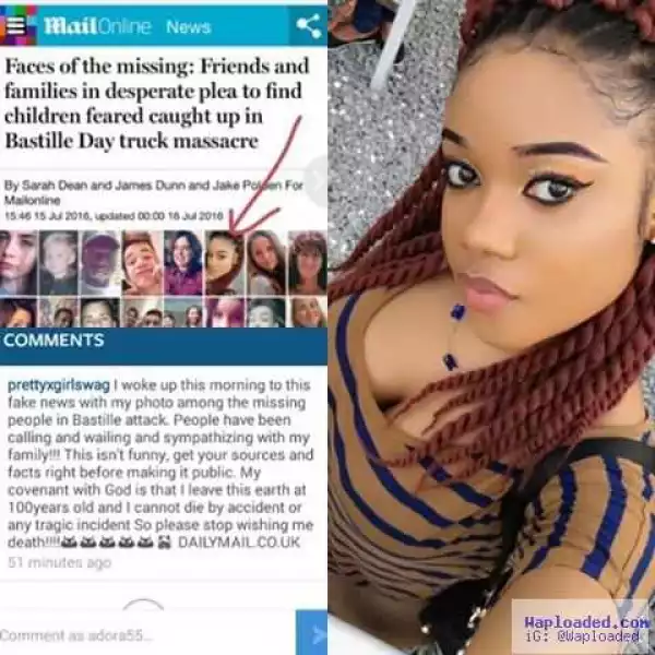 Nigerian girl blasts DailyMail UK for listing her as one of France attack missing persons